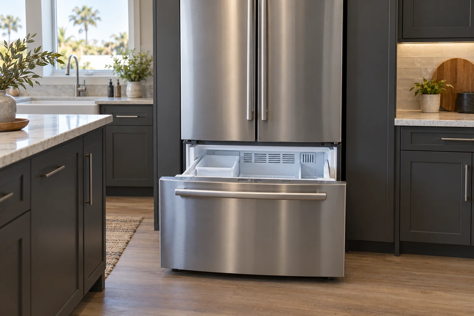 Illustrative refrigerator with an open freezer drawer and empty ice bin