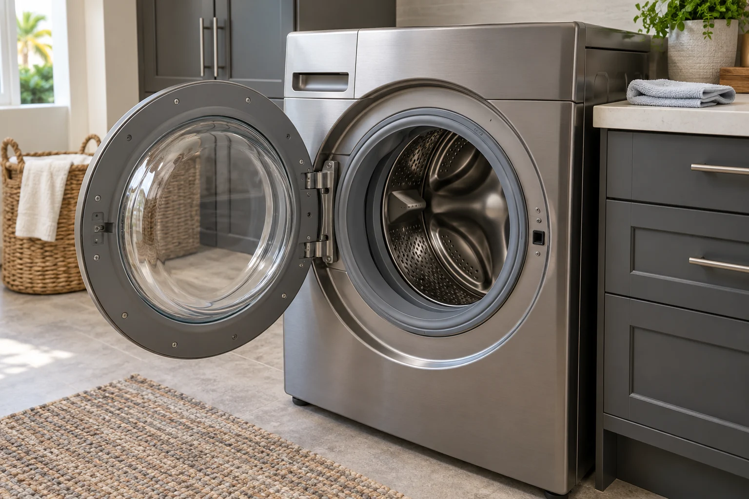 Illustrative front-load washer with its door open and rubber gasket visible